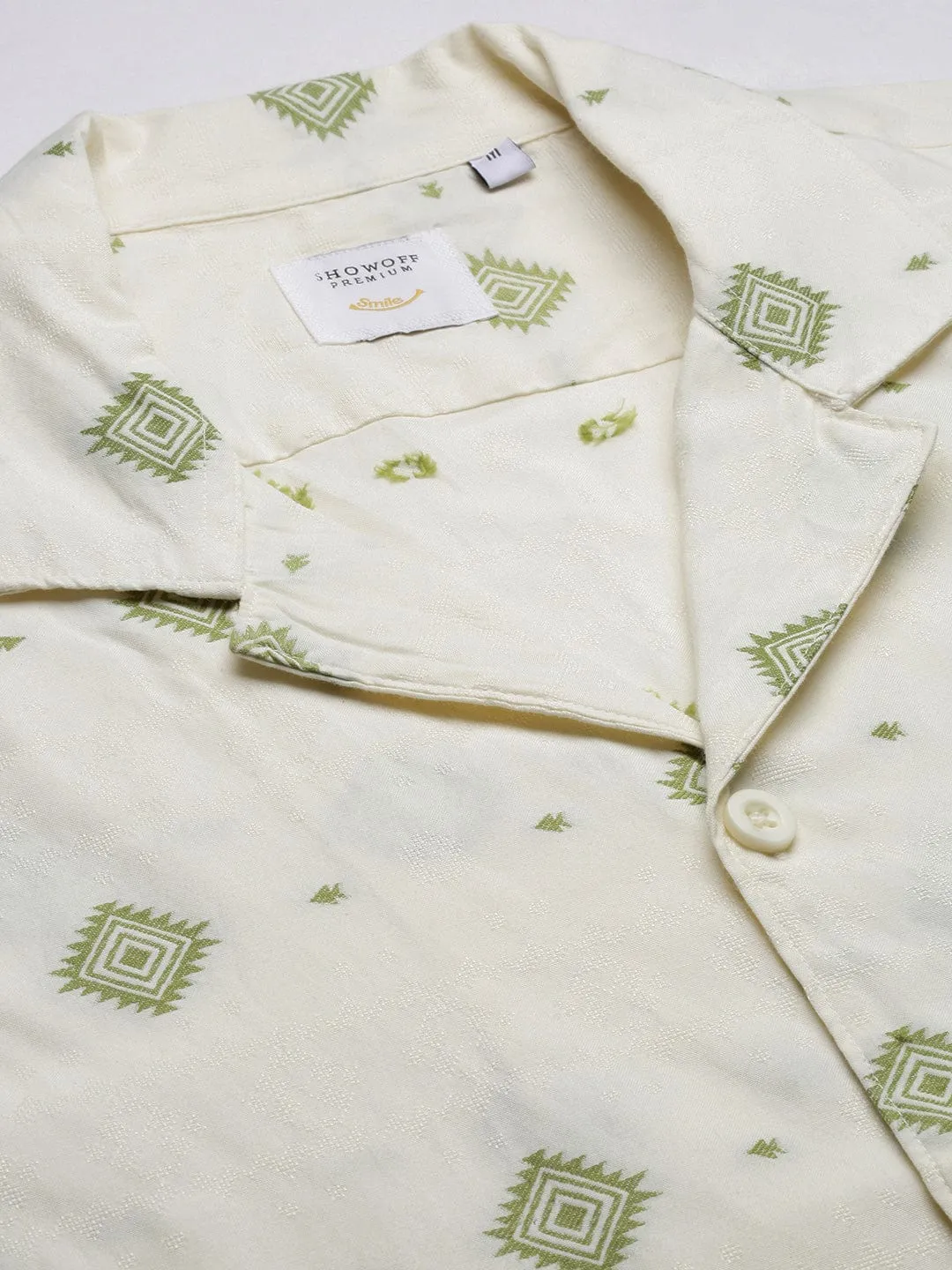 Men Cuban Collar Geometric Cream Cotton Shirt