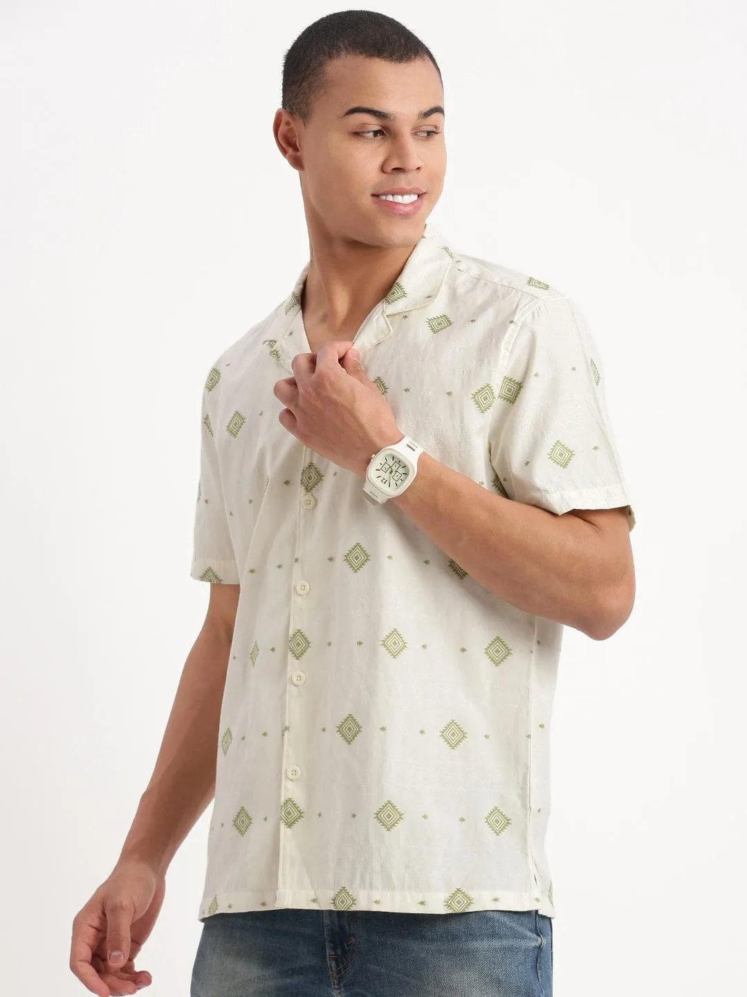 Men Cuban Collar Geometric Cream Cotton Shirt