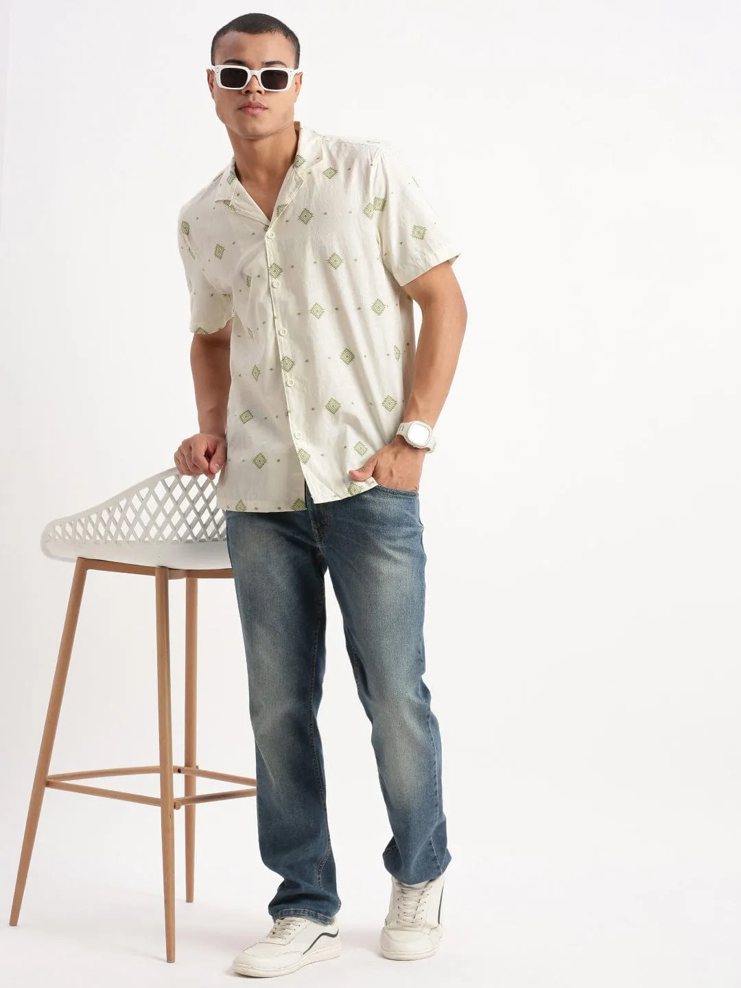 Men Cuban Collar Geometric Cream Cotton Shirt