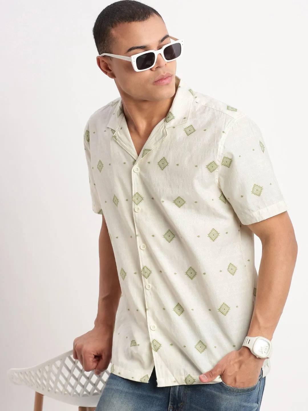 Men Cuban Collar Geometric Cream Cotton Shirt