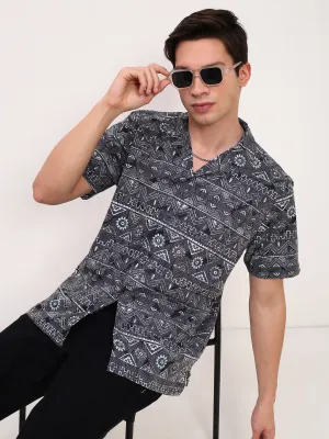 Men Grey Chevron Prints Cuban Collar Shirt