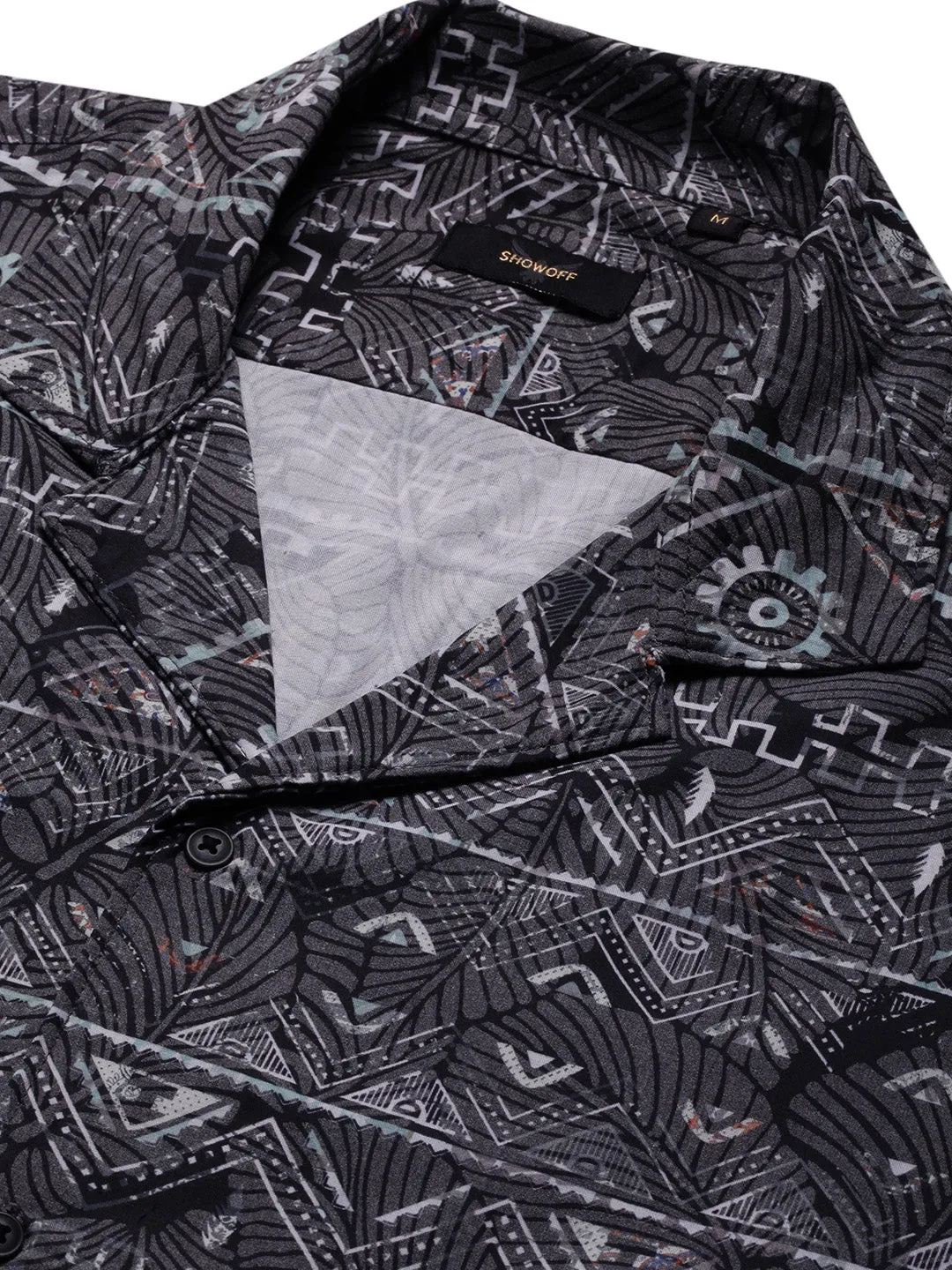 Men Grey Chevron Prints Cuban Collar Shirt