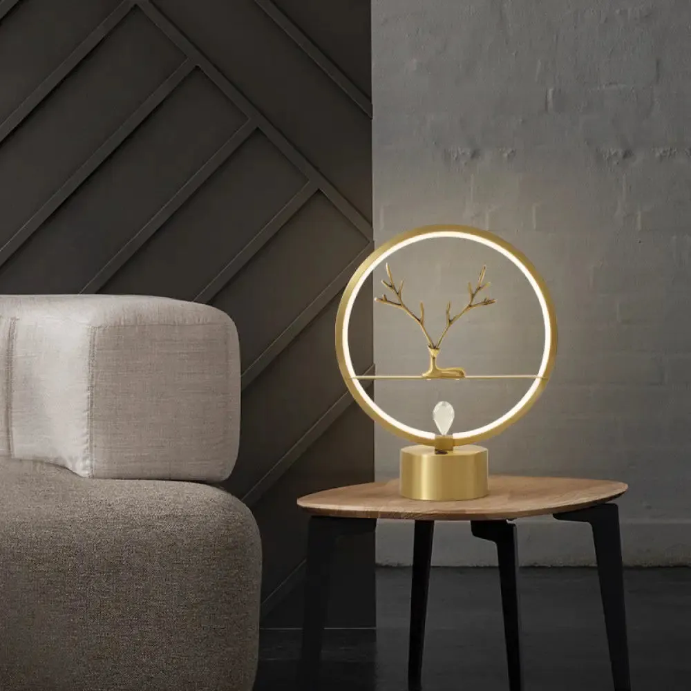 Minimalist Brass Halo Ring Table Light with LED, Metal Night Light featuring Deer Decoration