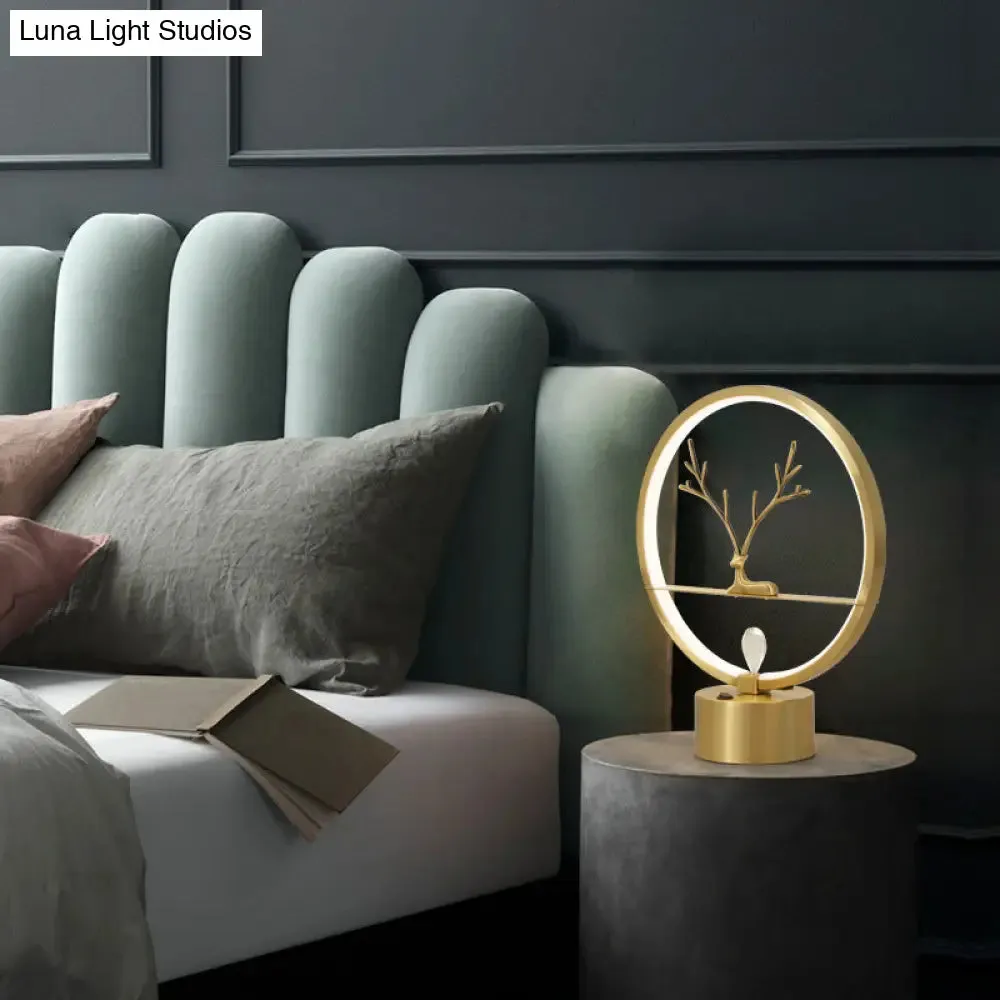 Minimalist Brass Halo Ring Table Light with LED, Metal Night Light featuring Deer Decoration
