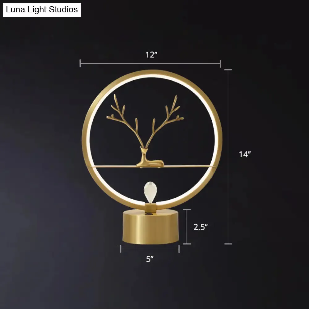 Minimalist Brass Halo Ring Table Light with LED, Metal Night Light featuring Deer Decoration
