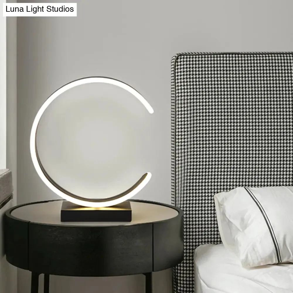 Minimalist LED Bedroom Table Lamp in Black/White with C-Shape Metallic Shade