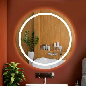 MIRROR WORLD Round led and Wall Mirror Design Stylish and Modern Glass for Bathroom Mirror with 3 Color Light-Wall Mounted Backlit with Front Light (Warm Light), and Round Shape-18x18.