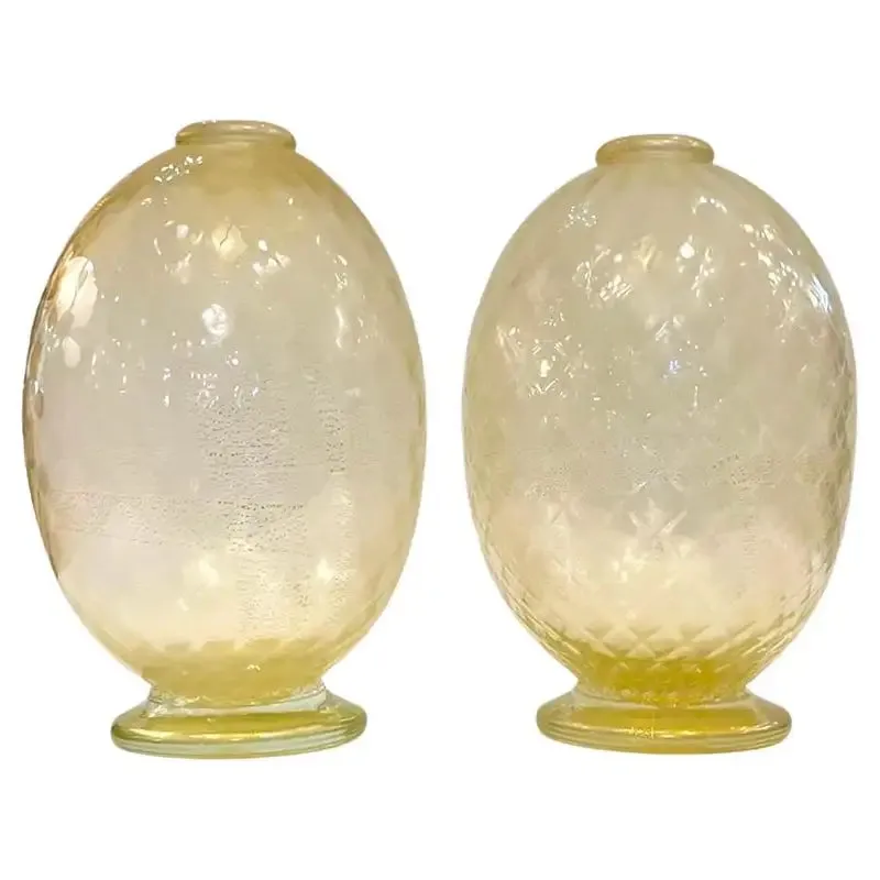 Modern Italian Pair of Gold Honeycomb Murano Glass Organic Round Vases