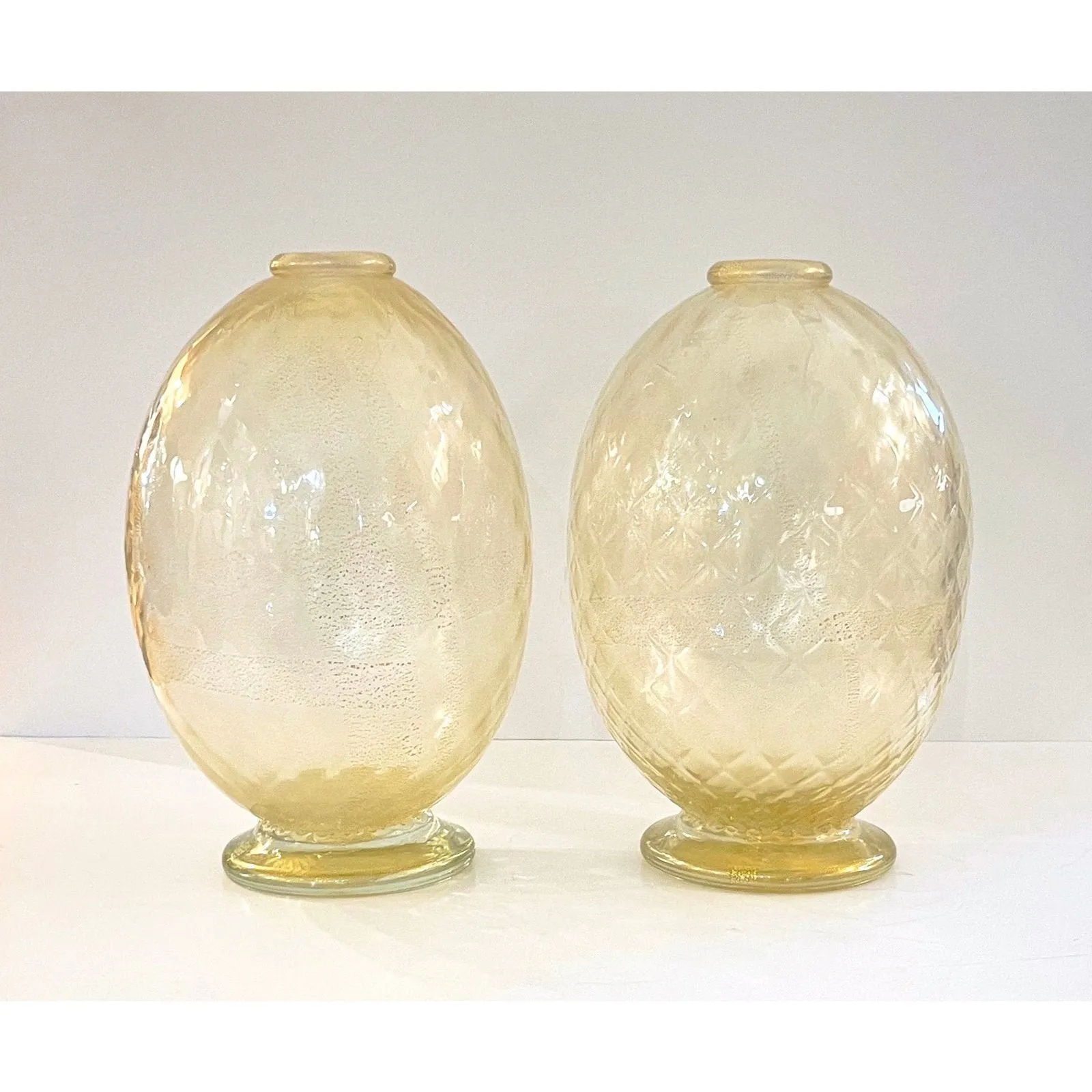 Modern Italian Pair of Gold Honeycomb Murano Glass Organic Round Vases