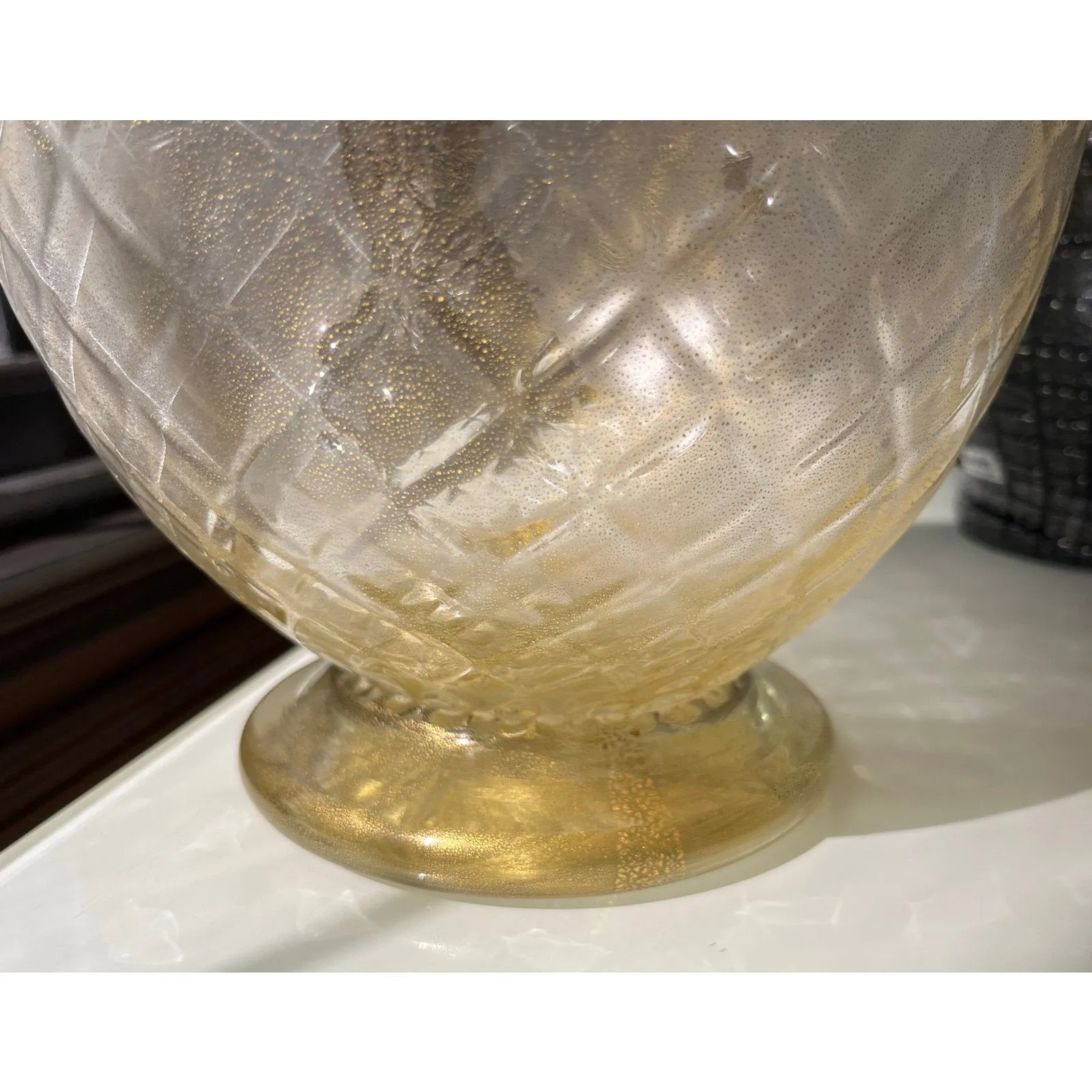 Modern Italian Pair of Gold Honeycomb Murano Glass Organic Round Vases