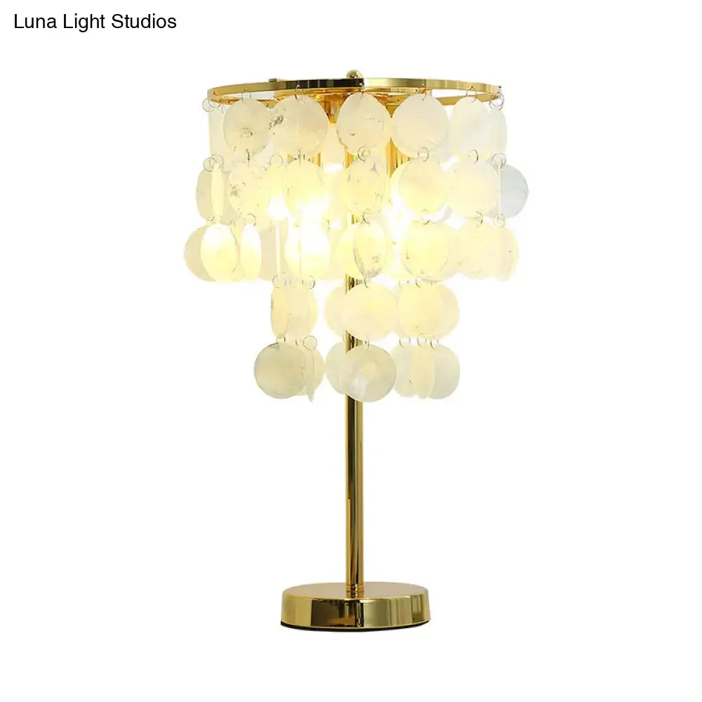 Modern Shell Table Lamp - White Nightstand Light with Gold Rod Arm