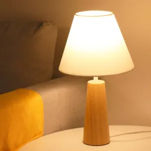 Modern Wood Table Lamp with Fabric Shade - Bedroom Night Light