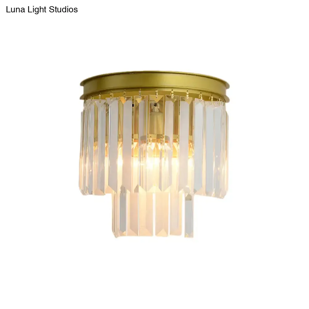 Modernist Style Gold Wall Lamp with Clear Faceted Crystal and 2 Bulbs - Elegant Wall Light Fixture