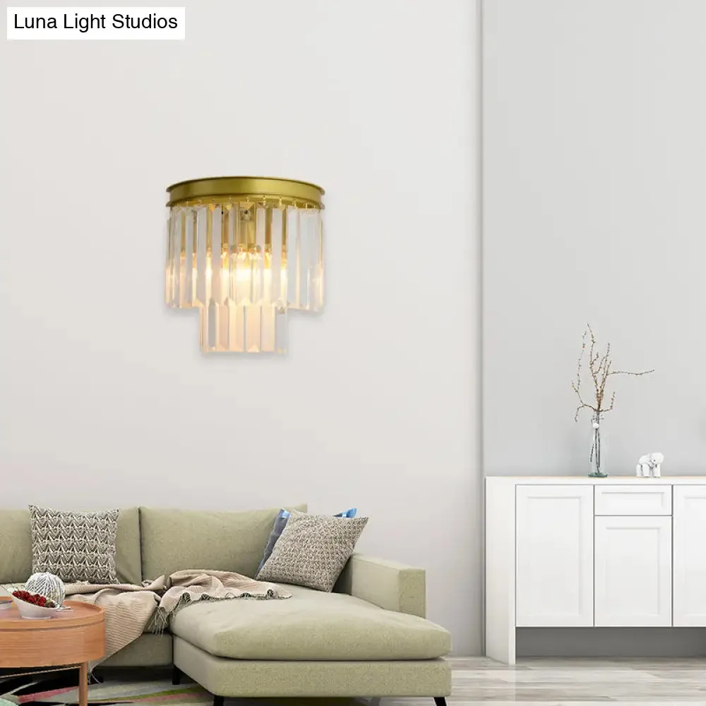 Modernist Style Gold Wall Lamp with Clear Faceted Crystal and 2 Bulbs - Elegant Wall Light Fixture