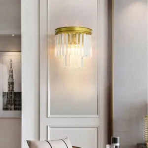 Modernist Style Gold Wall Lamp with Clear Faceted Crystal and 2 Bulbs - Elegant Wall Light Fixture