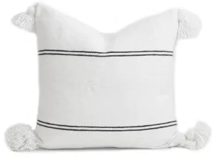 Moroccan Pom Pom Pillow Cover - White with Black Stripes - Souss