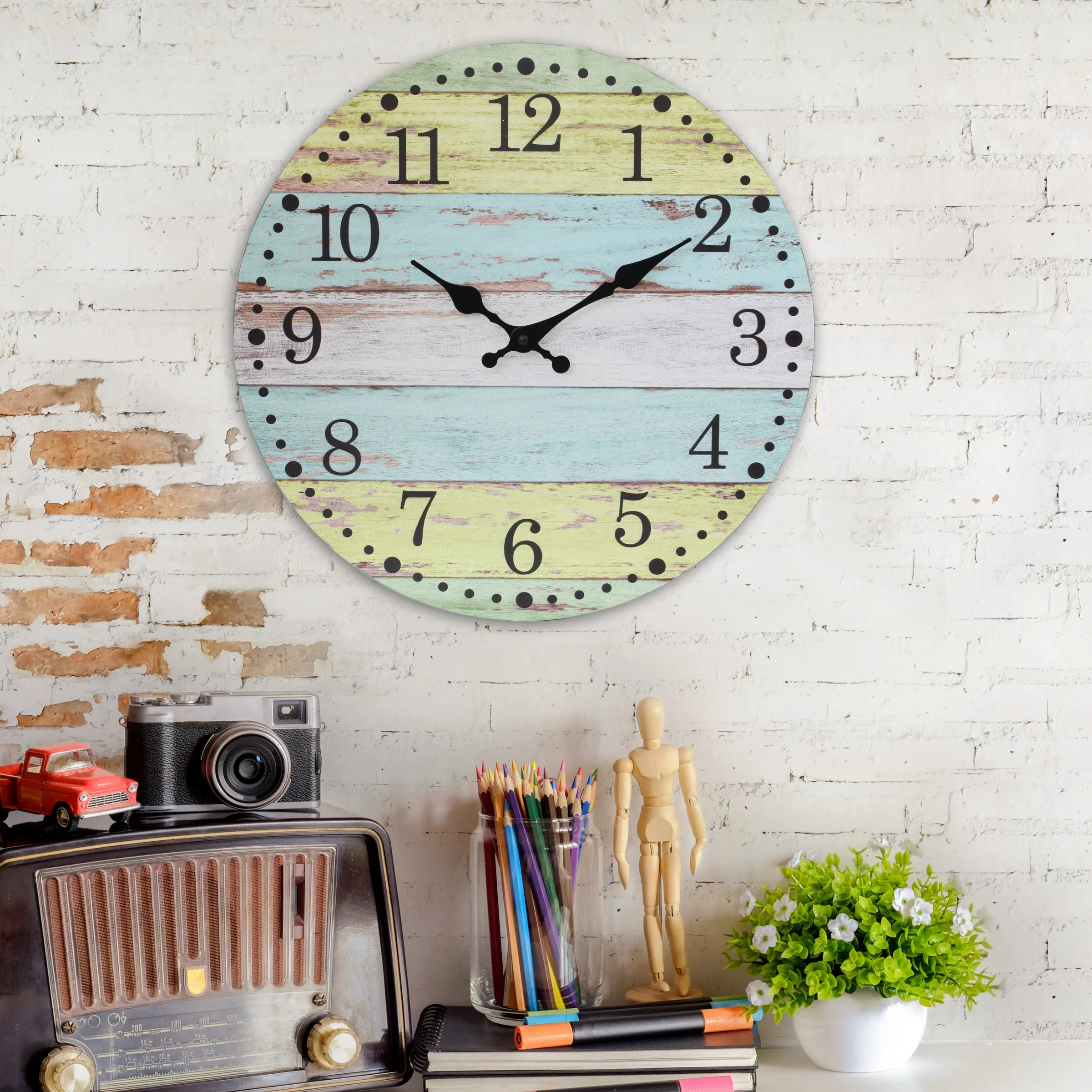 Multicolored Light Blue & Yellow Rustic Wood Wall Clock - 14 Inch (WS)