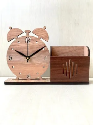 MYESHOP Retail® Fancy Looking Wooden Table Clock & Holder with alaram Watch Design and Pen Holder.