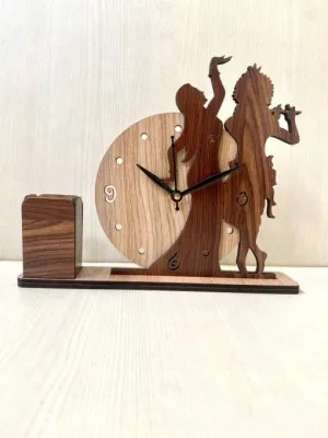 MYESHOP Retail® Fancy Looking Wooden Table Clock & Holder with Shree Krishna and Radha Design and Pen Holder for Your Study Table, Office Table.