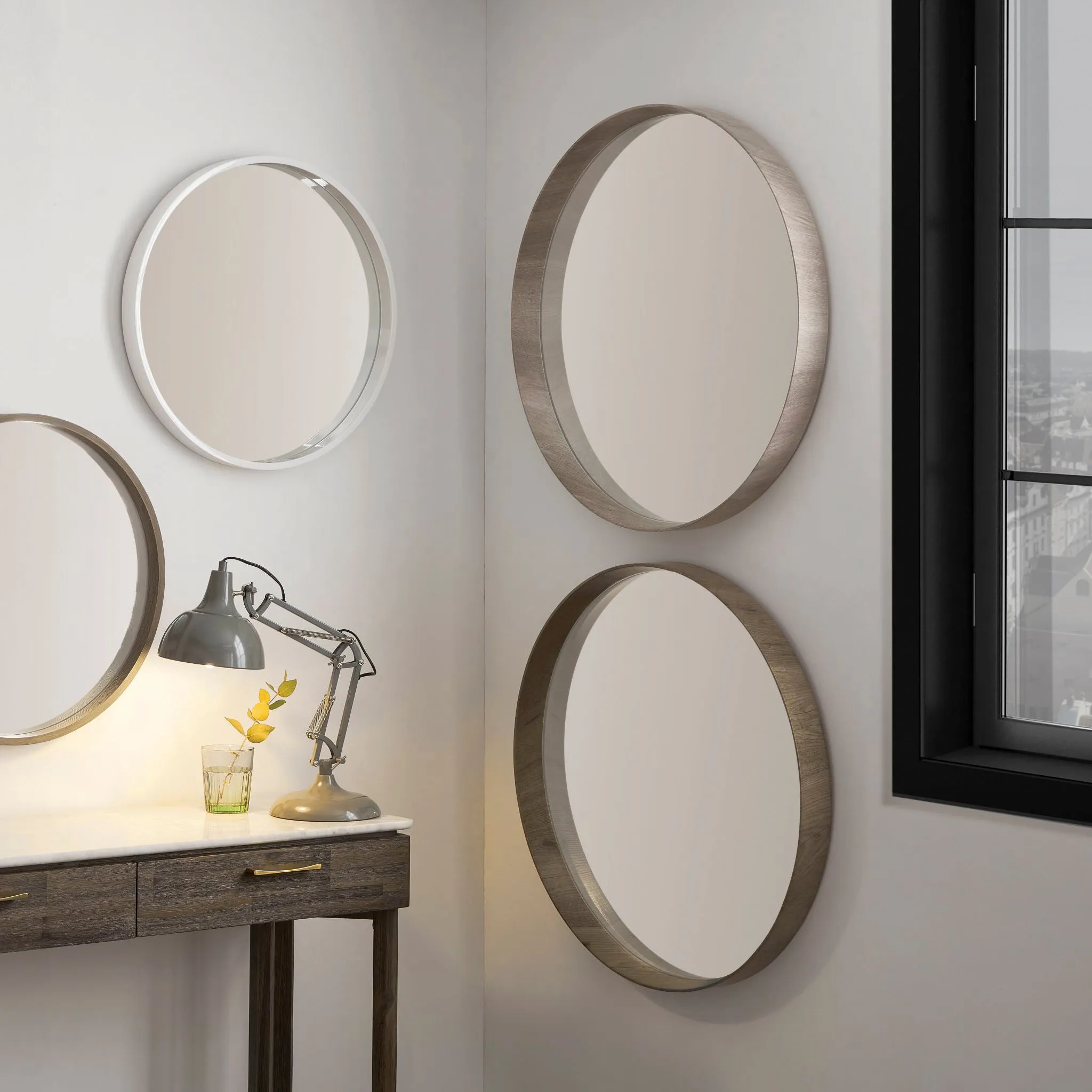 Natural Wood Veneer Round Wall Mirror