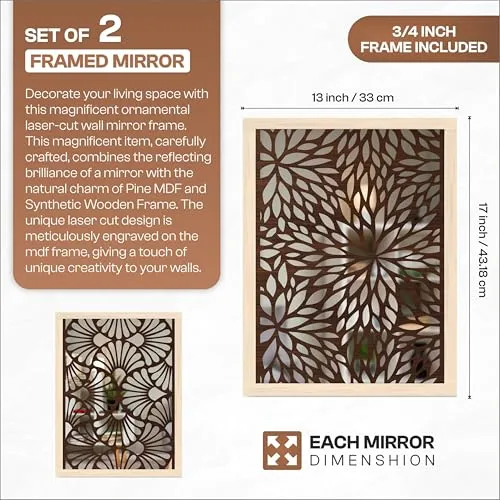 NoWorries Wall Hangings Engneering Wood Carving Acrylic Mirror Frame - Aesthetic Wall Pine Wood Carving Mirror Paintings for Home Wall decoration - Premium Wall Mirror Frames (Wooden 20, 13x17 inches)