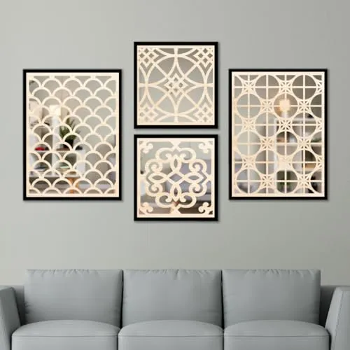 NoWorries Wall Hangings Wood Carving Acrylic Mirror Frame - Aesthetic Wall Pine Wood Carving Mirror paintings - Mirror Wall Painting for living room, bedroom decor (13x19/13x13 inches, PINE WOOD - 1)