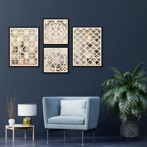 NoWorries Wall Hangings Wood Carving Acrylic Mirror Frame - Aesthetic Wall Pine Wood Carving Mirror paintings - Mirror Wall Painting for living room, bedroom decor (13x19/13x13 inches, PINE WOOD - 1)