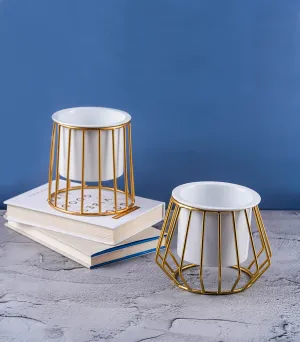 Nurturing Green® Combo of 2 Metallic Gold Metal Stand with Planters | Small Pots for Home (with 4.5 Inch Conical & Diamond Shape Stand)