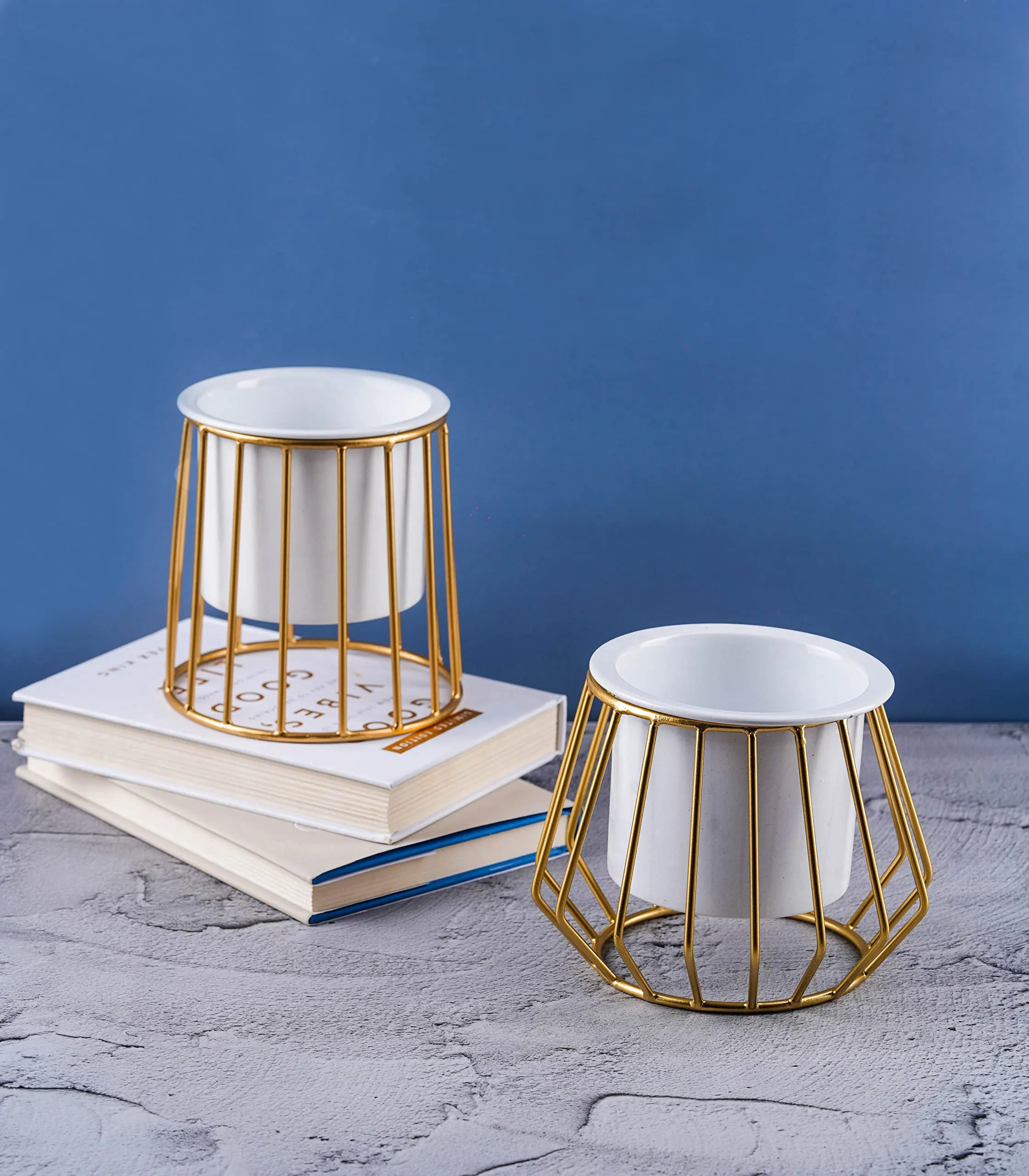 Nurturing Green® Combo of 2 Metallic Gold Metal Stand with Planters | Small Pots for Home (with 4.5 Inch Conical & Diamond Shape Stand)