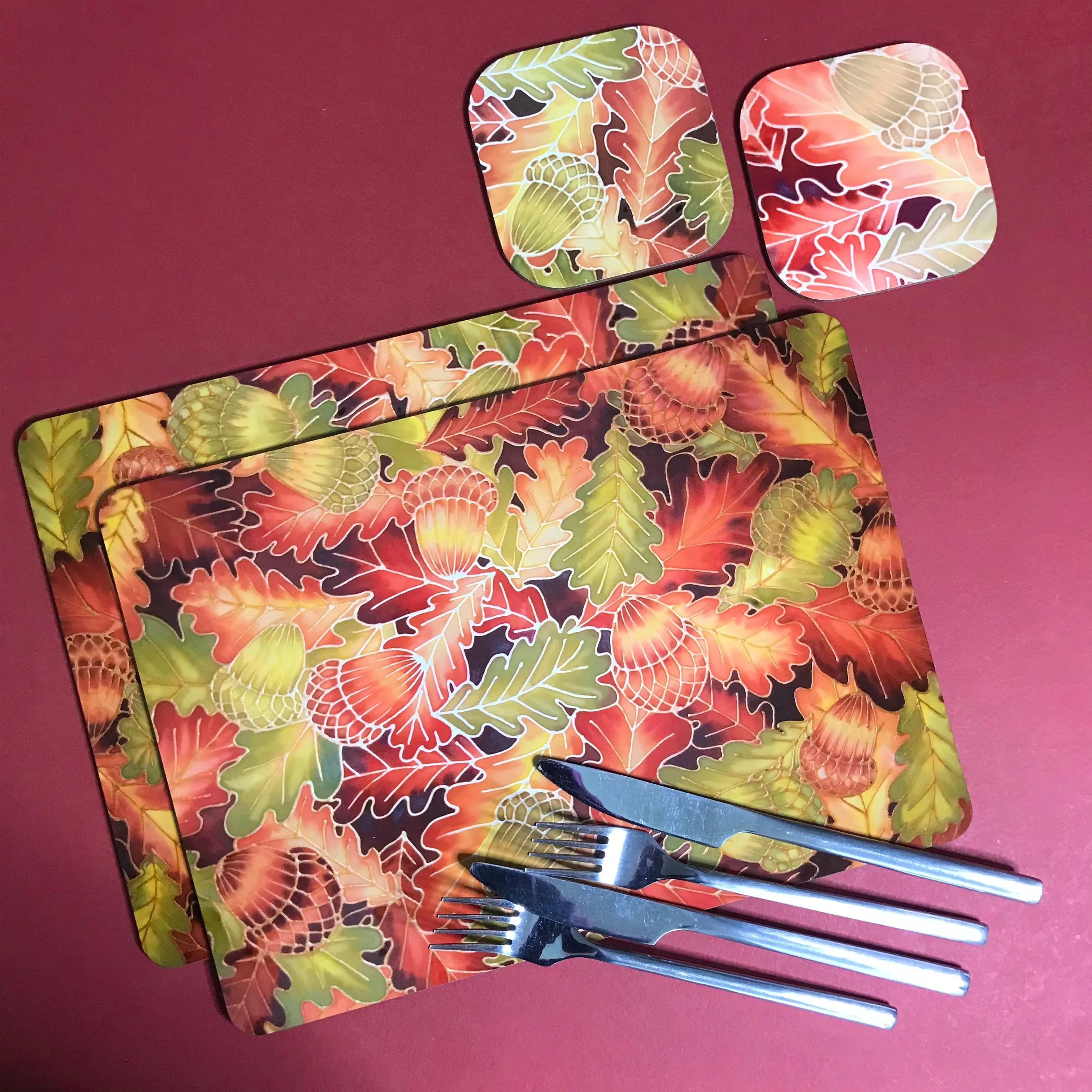 Oak Leaves & Acorns Placemats - green rust Table Mats & coasters - Oak  glass chopping boards