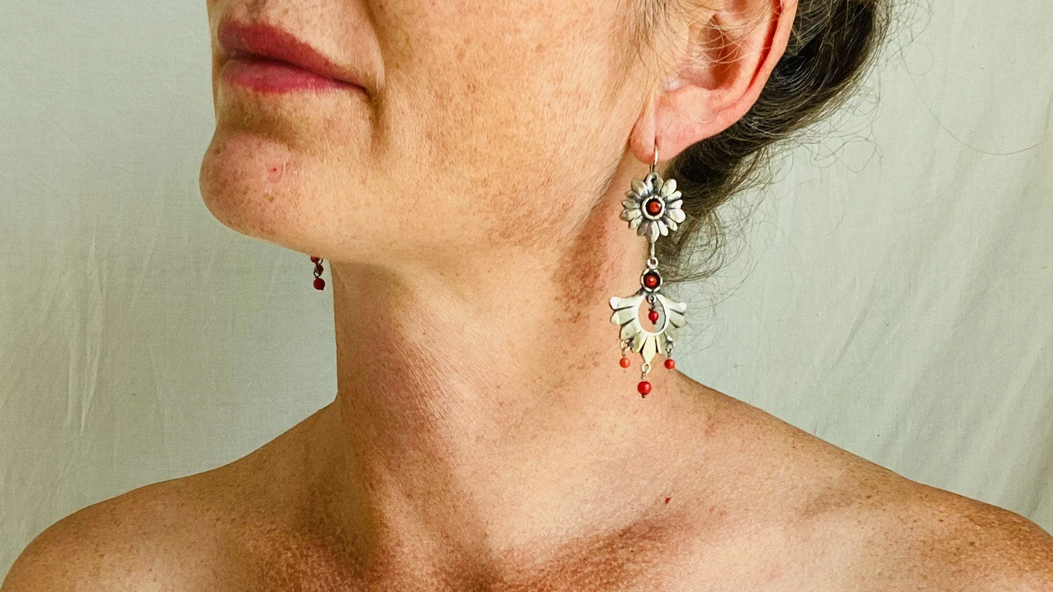 Oaxacan Earrings. Red Coral. Sterling Silver. Mexico. Frida Kahlo