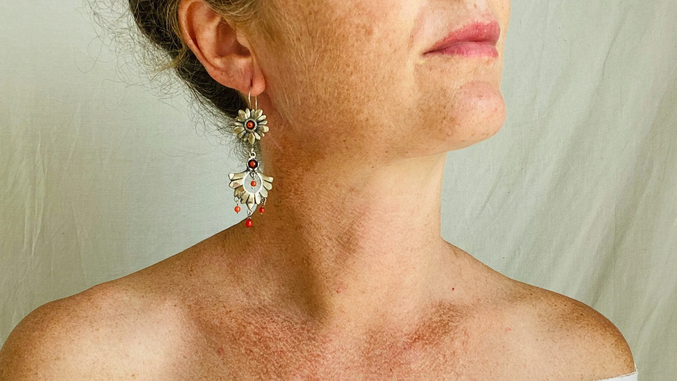 Oaxacan Earrings. Red Coral. Sterling Silver. Mexico. Frida Kahlo