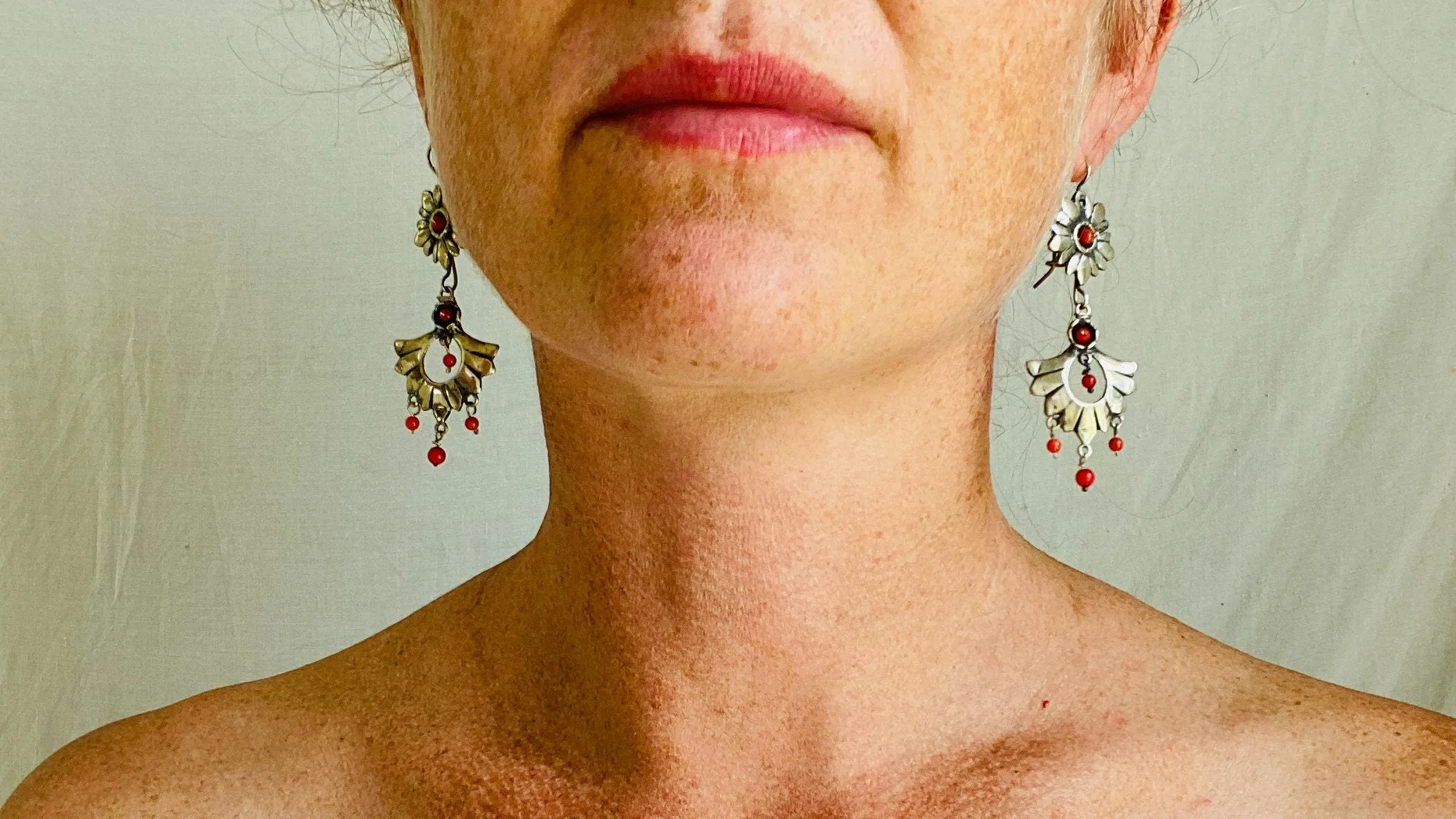 Oaxacan Earrings. Red Coral. Sterling Silver. Mexico. Frida Kahlo