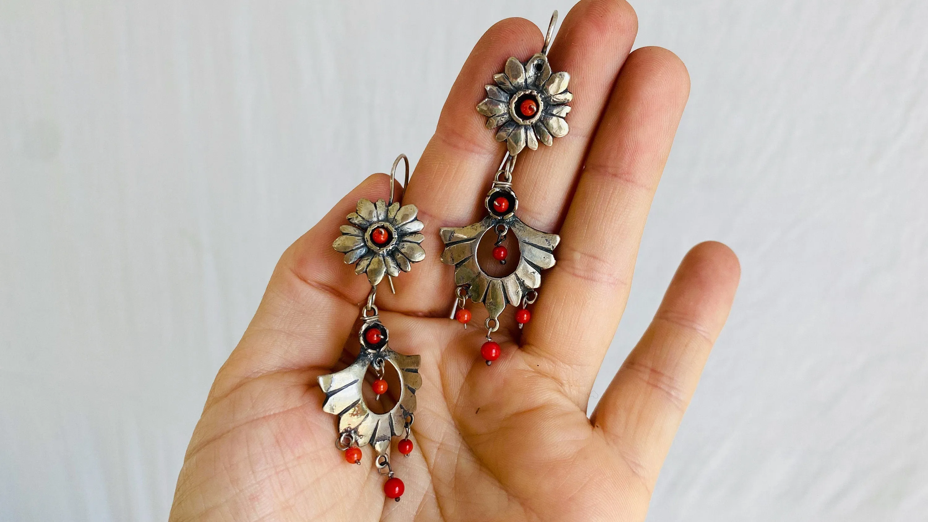 Oaxacan Earrings. Red Coral. Sterling Silver. Mexico. Frida Kahlo