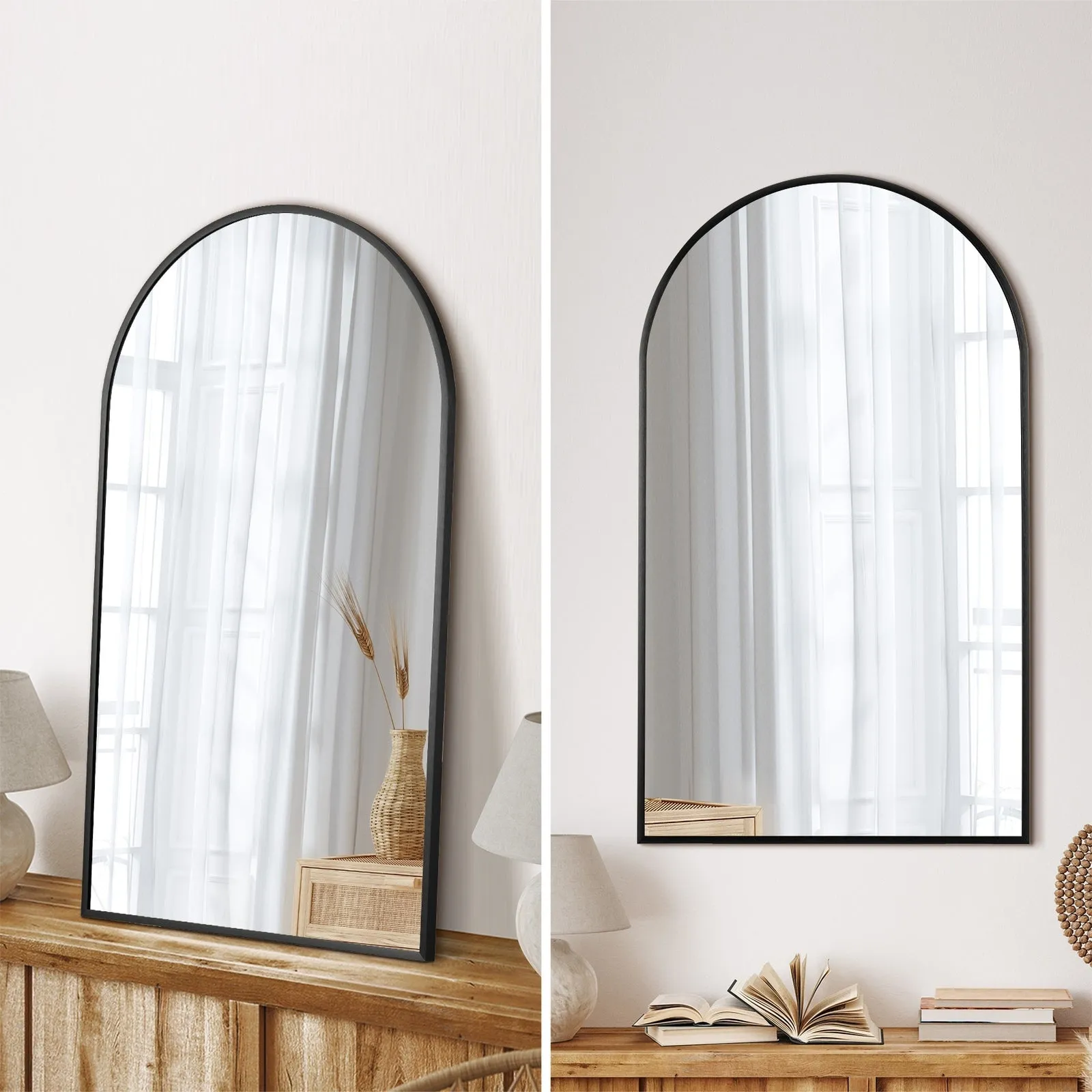 Oikiture Wall Mirrors 86x50cm Arched Makeup Mirror Bathroom Home Decor Black