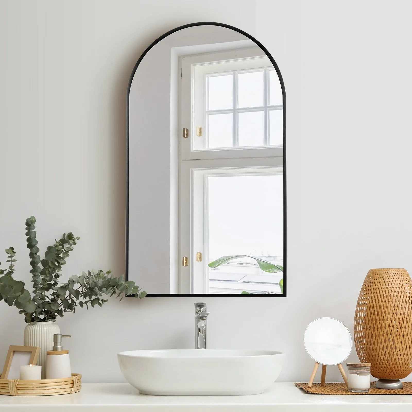 Oikiture Wall Mirrors 86x50cm Arched Makeup Mirror Bathroom Home Decor Black