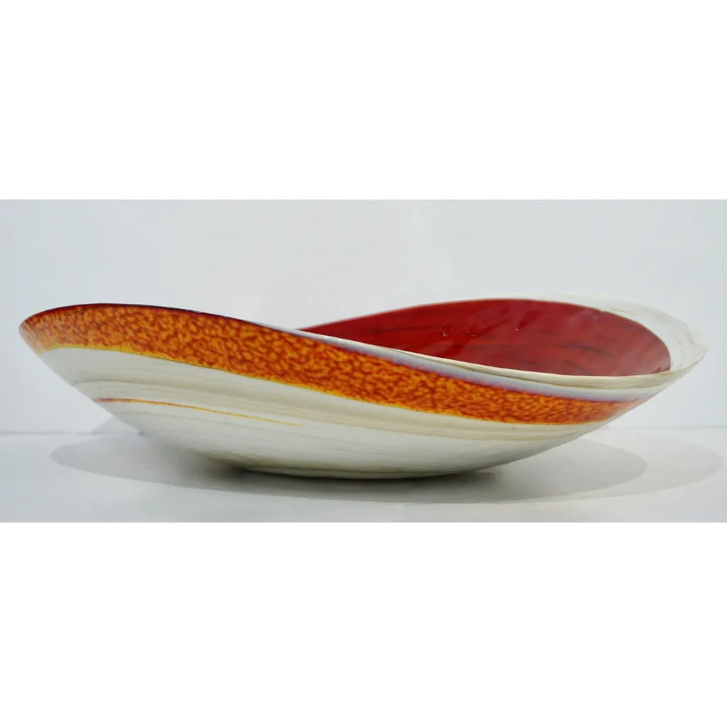 Organic Italian Pearl White Murano Glass Bowl with Swirled Wine Red Murrine