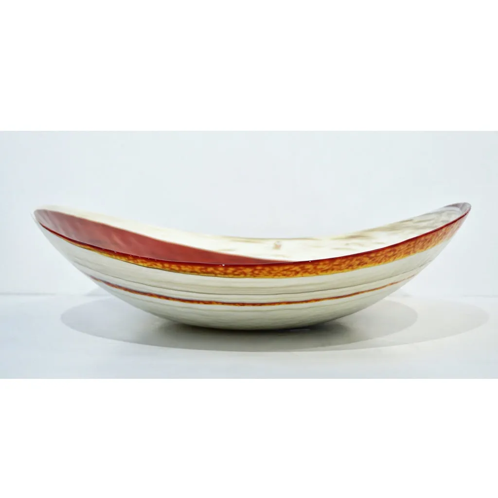 Organic Italian Pearl White Murano Glass Bowl with Swirled Wine Red Murrine