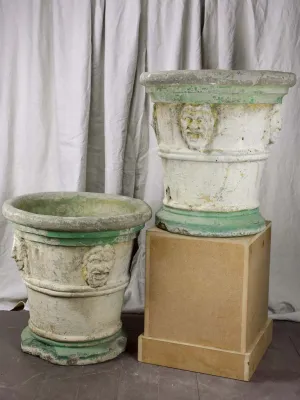 Pair of very large antique Italian garden planters with masquerades and green stripes