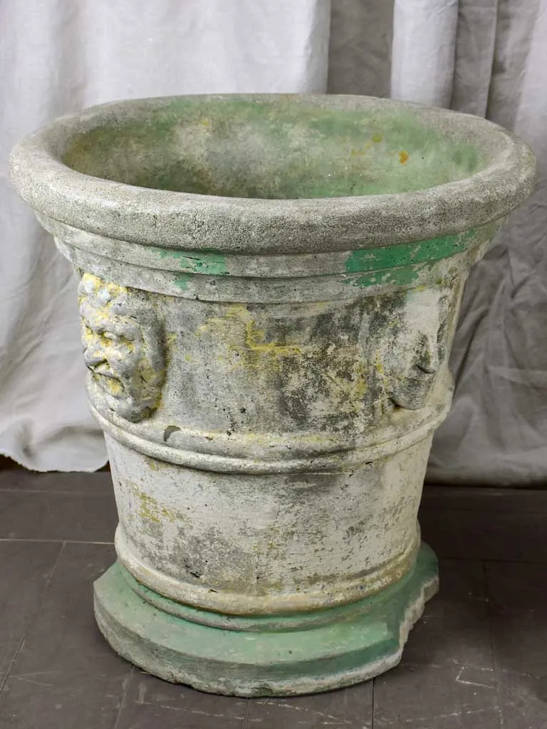 Pair of very large antique Italian garden planters with masquerades and green stripes
