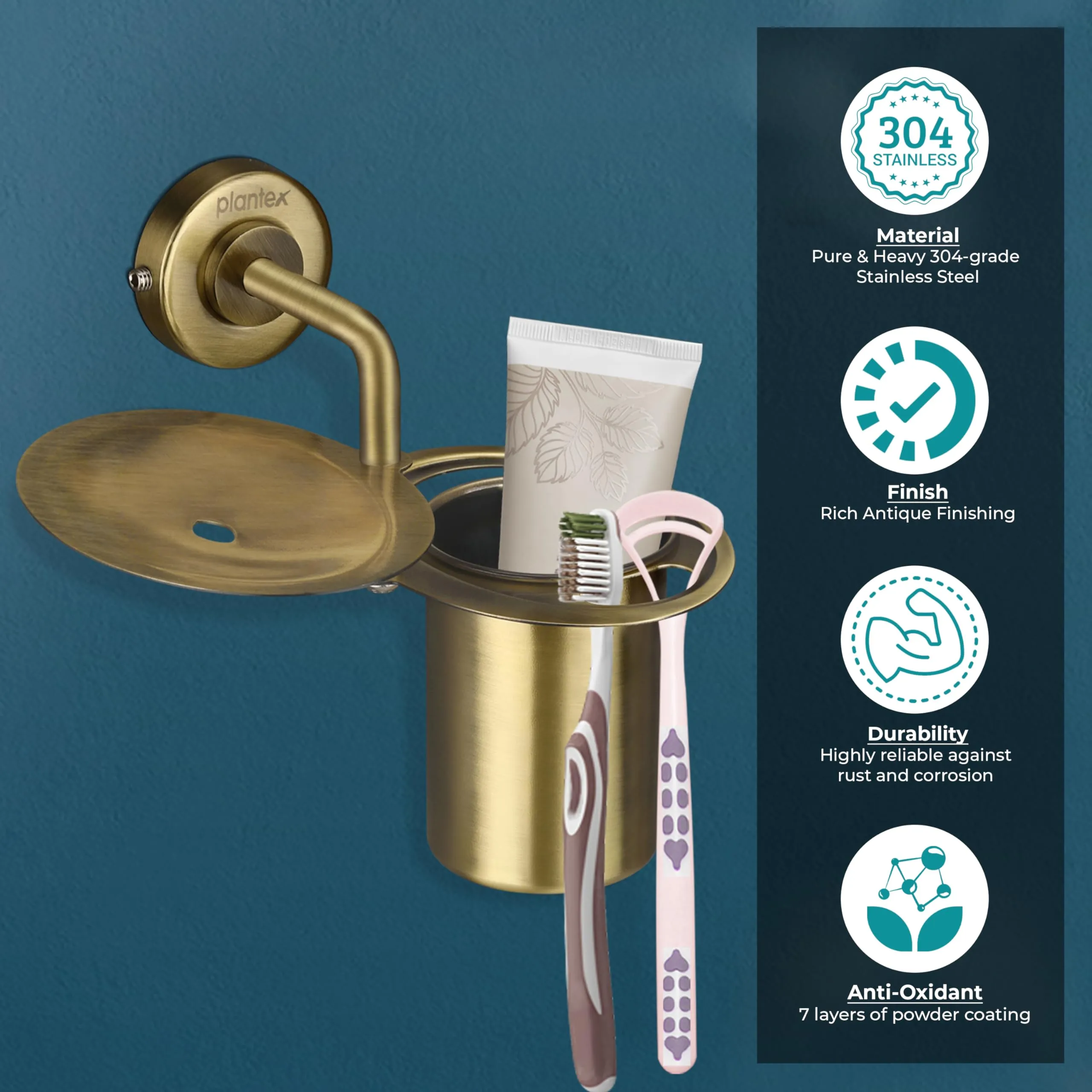 Plantex 304 Grade Stainless Steel 2in1 Soap Holder with Tumbler Holder/Bathroom Accessories - Daizy (Antique)