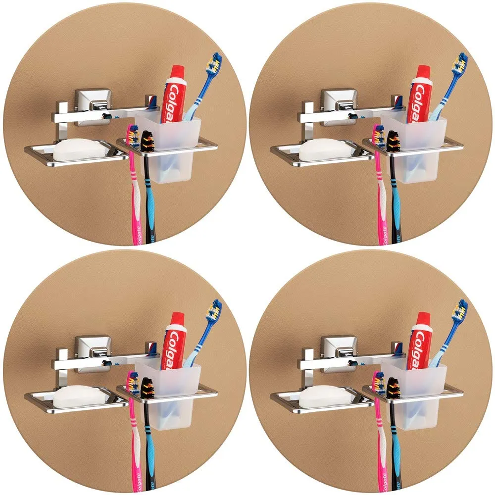Plantex 304 Grade Stainless Steel 2in1 Soap Holder with Tumbler Holder/Bathroom Accessories - Pack of 4, Squaro (Chrome)