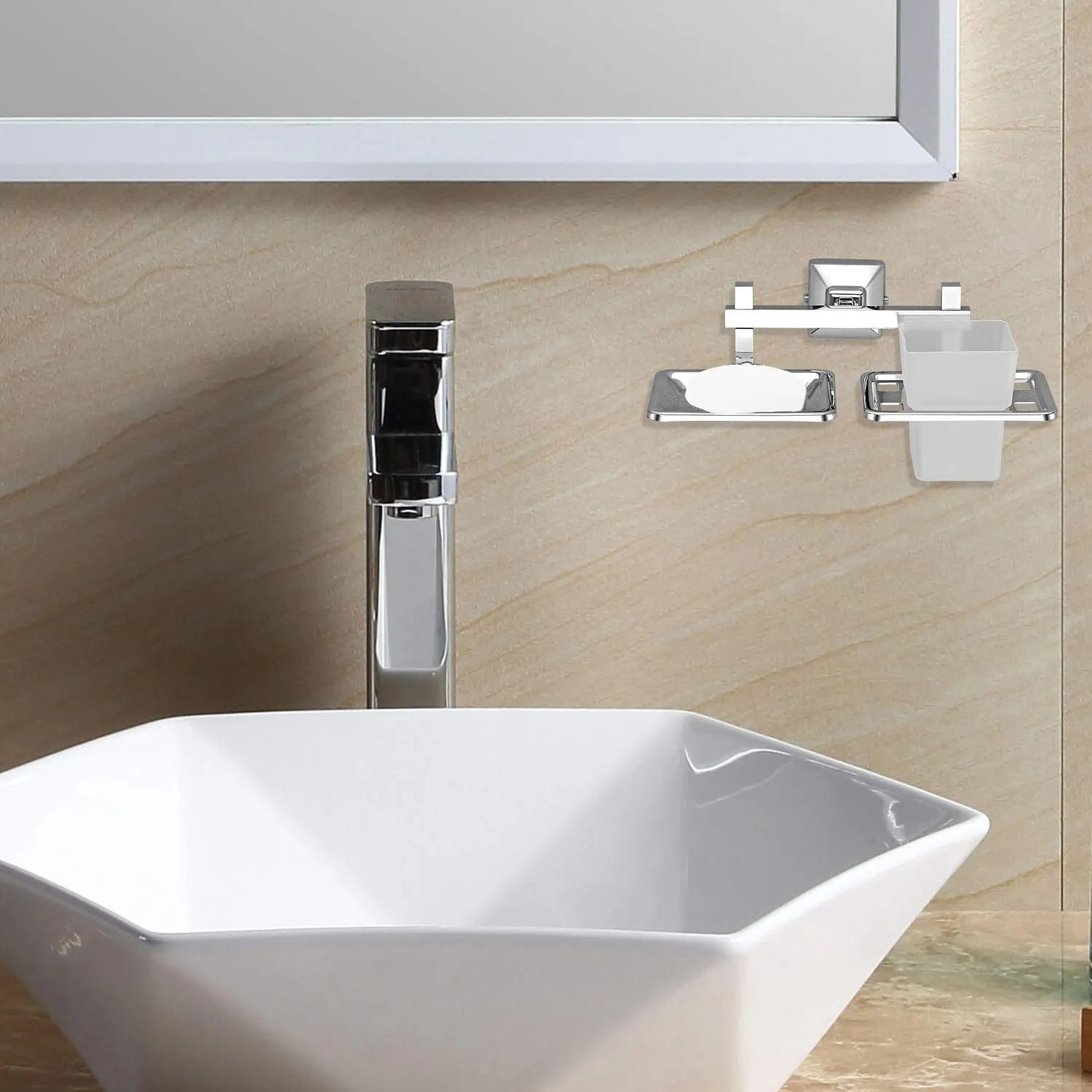 Plantex 304 Grade Stainless Steel 2in1 Soap Holder with Tumbler Holder/Bathroom Accessories - Pack of 4, Squaro (Chrome)
