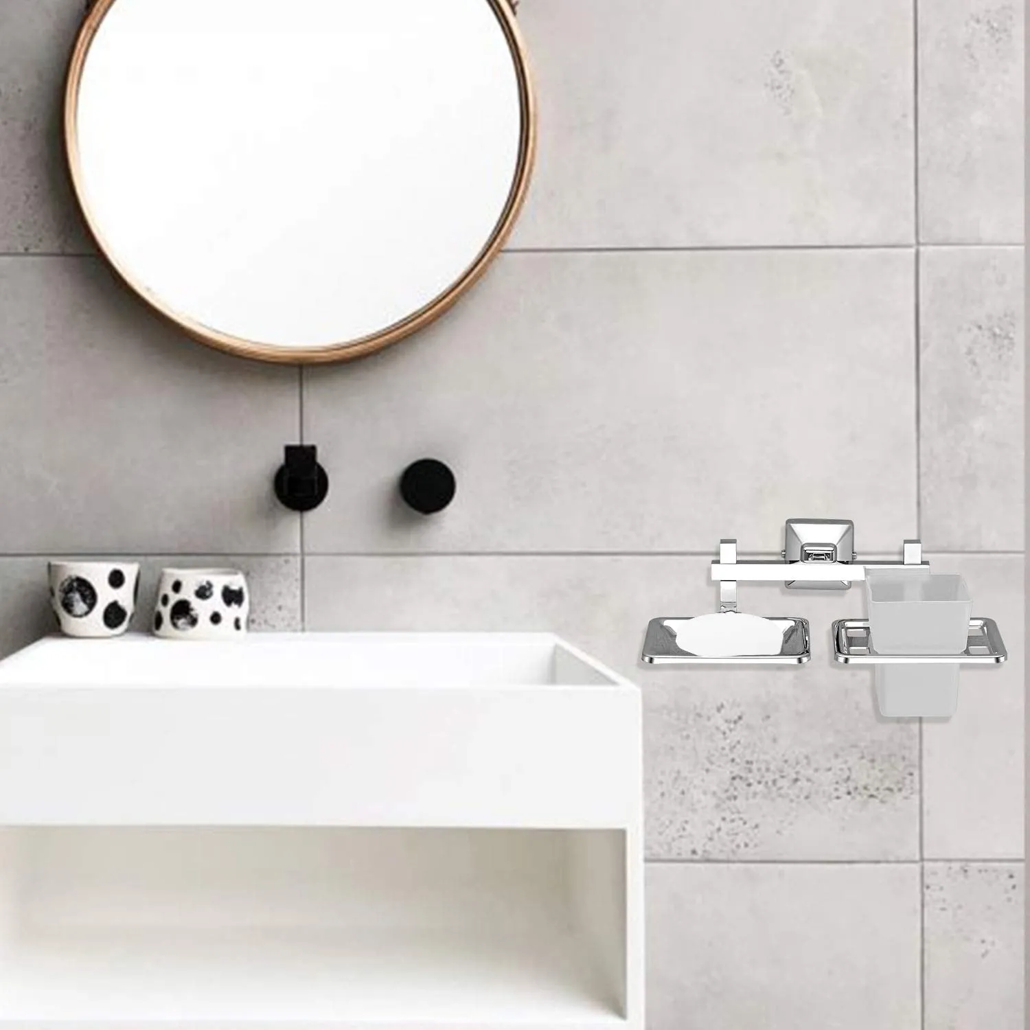 Plantex 304 Grade Stainless Steel 2in1 Soap Holder with Tumbler Holder/Bathroom Accessories - Pack of 4, Squaro (Chrome)