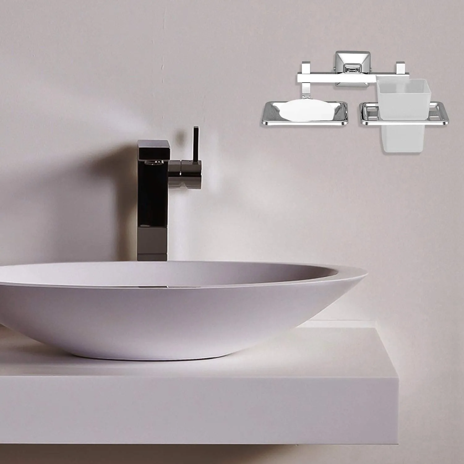 Plantex 304 Grade Stainless Steel 2in1 Soap Holder with Tumbler Holder/Bathroom Accessories - Pack of 4, Squaro (Chrome)