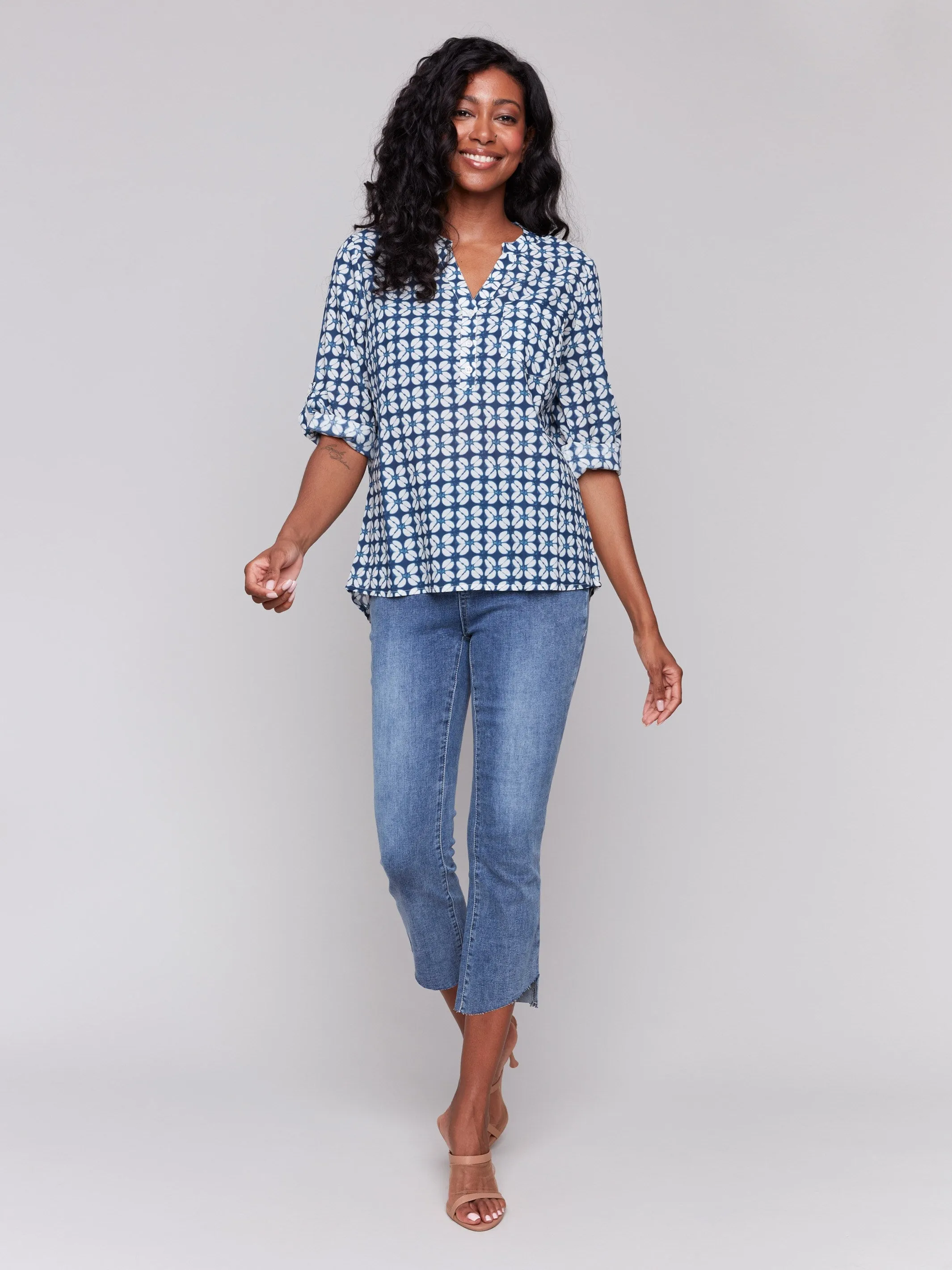 Printed Viscose Half-Button Blouse - Waterflower