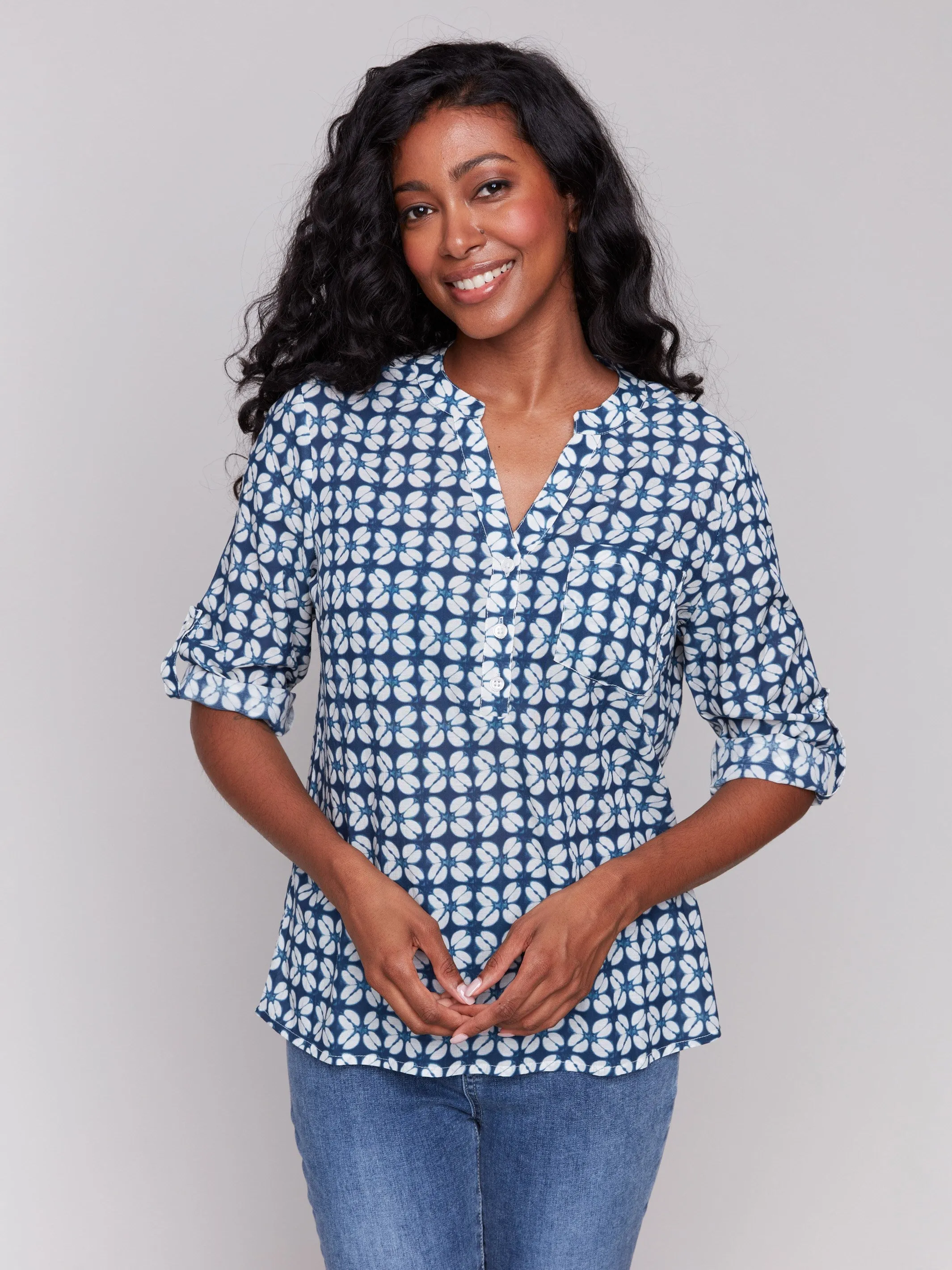 Printed Viscose Half-Button Blouse - Waterflower