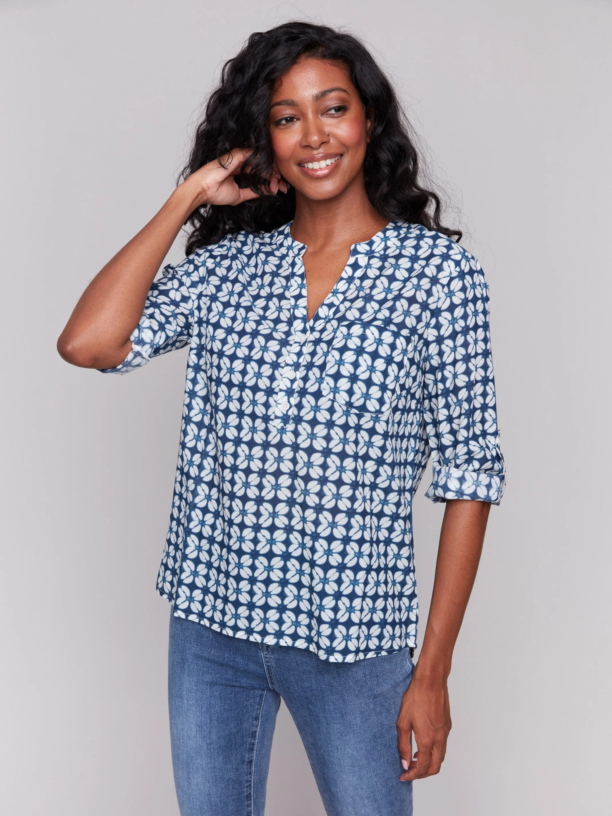 Printed Viscose Half-Button Blouse - Waterflower