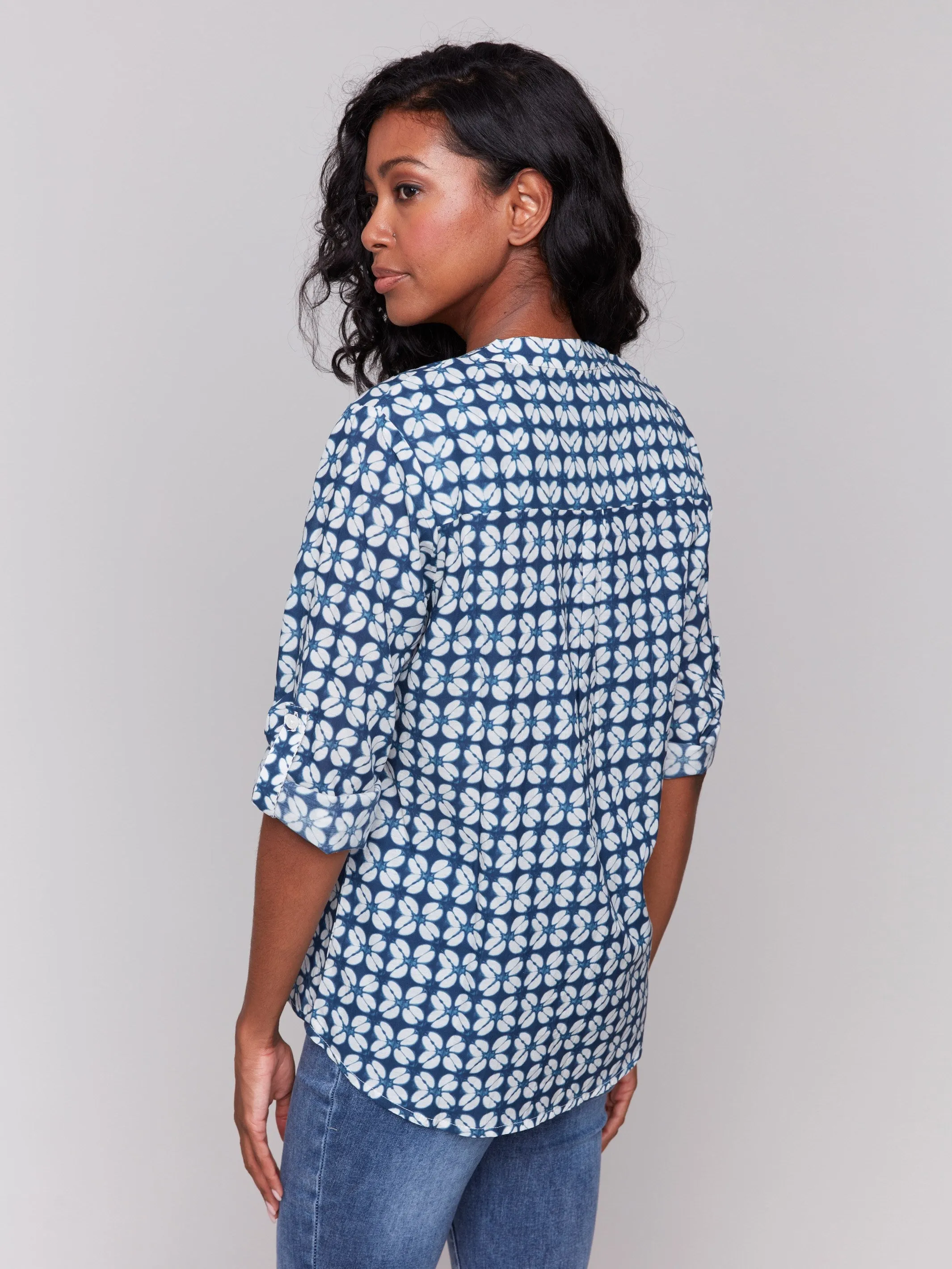 Printed Viscose Half-Button Blouse - Waterflower