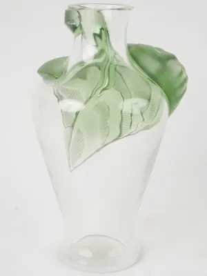 Rare Lalique |Tanega" Crystal Vase w/ Green Leaf by Marie-Claude Lalique, Circa 1989 14½"